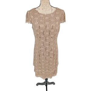 Alex Evening Dress 10 Beige Lace Sheath Sequins Mother of Bride Tiered